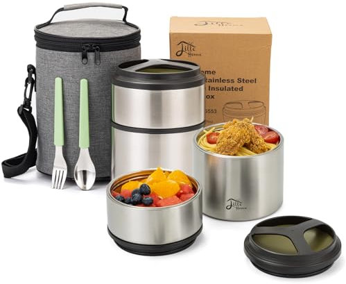 Lille Home Termo de 1500 ml, aislado al vacío, apilable, de acero inoxidable, térmica, para almuerzo/aperitivos, contenedor de 2 niveles con bolsa de almuerzo (Verde)