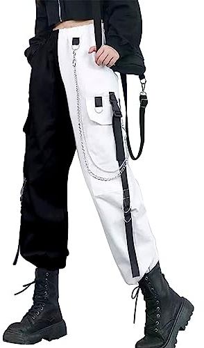YINGWIN Pantaloni da combattimento da donna, stile gotico Y2K, a vita alta, stile steampunk, multitasche, casual, per Halloween e attività all'aperto, con catena, Nero , XXL