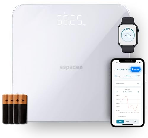 Aspedan Bluetooth Body Scales | Digital Bathroom Scales for Fitness and Weight Tracking | Connects to Phone via Free Smartphone App | iOS/iPhone and Android/Google | Kilograms and Pounds