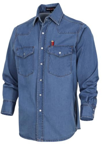 BOCOMAL Men's Denim Work Shirt Western Cowboy Cut Long Sleeve Pearl Snap Vintage Washed Soft Relaxed Fit Workwear(Non FR)