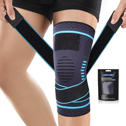 Lexniush Kniebandage für Männer/Frauen, Kompression Kniestütze mit Verstellbarer für Arthritis, Meniskusriss, ACL, Knieschmerzen, Knieorthesen Rechts/Links Bandage Knie für Laufen, Sport Graublau, XL