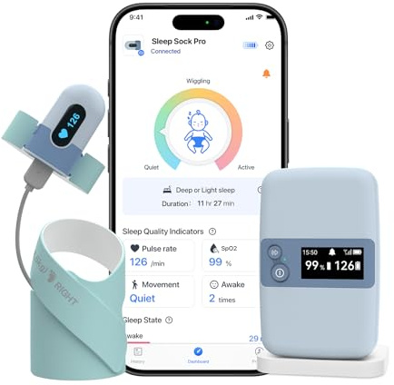 BabyO2 Pulsoximeter-Monitor fr Babys, Schlafmonitor mit Echtzeit-Basisstation, zur berwachung von Sauerstoffsttigung, Herzfrequenz und Bewegung mit Schlafmuster-Analyse fr Neugeborene
