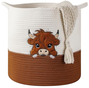 Cesta Grande de Almacenamiento en Cuerda de Algodón para Mantas y Juguetes, Highland Cow Basket para Habitación Infantil, Cesto para Ropa para Sala de Estar, Organizador Baño Decoración Highland Cow