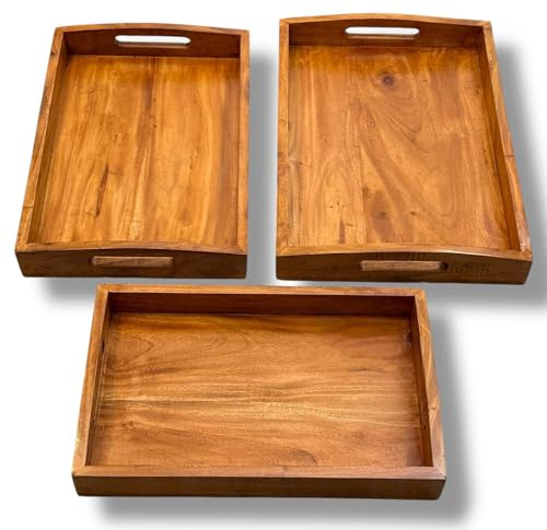 YELFE Acacia Wooden Serving Tray Set of 3 – Breakfast in Bed | Tea Tray | TV Lap Trays for Eating | Party Serving and Platters, Perfect for Home Décor & Gift Giving