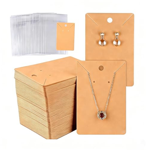200 PCS Earring Display Cards with Self-Seal Bags, Kraft Paper Jewellery Packaging Cards, Earring Cards with Holes for Necklace, DIY Handmade Jewellery Display Cards