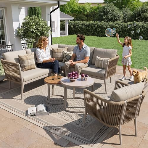 YuQozii Juego de salón de jardín para 5 – 6 personas, gran juego de sofá exterior, 6 piezas de cuerda con banco impermeable y juego de cojines, sofá esquinero modular para terraza, balcón (beige)
