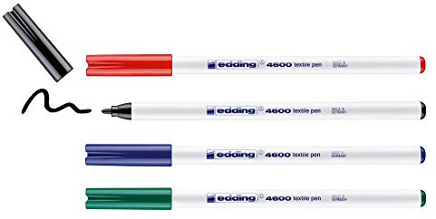 Edding 4600 Feutre pour textiles - noir, rouge, bleu, vert - 4 pièces - pointe ronde de 1 mm - feutre textile lavable en machine (60 °C) pour décorer le tissu - marqueur textile