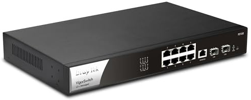Draytek VigorSwitch P2100, 8-Port Gigabit PoE Layer 2+ Managed Switch, 2 SFP Uplink Ports, Rack Mountable and Silent, Manage Centrally, QoS and Bandwidth Control
