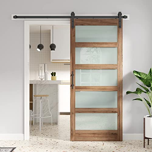 FREDBECK 36 x 84 inch Glass Barn Door with 6.6FT Barn Door Hardware Kit & Handle Included,5-Panel Frosted Glass, Water-Proof Surface,Pre-Drilled Holes,Need Assembly