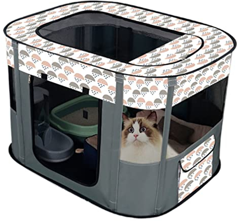 Floving Tragbare Hundehütte Haustierzaun Faltbarer Haustier Laufstall Rechteckig Kreißsaal Katzenbett Katzenhöhle Katzenhütte Welpenhaus Zwinger Geschlossenes Haustierzelt (M/80 * 60cm, Grau)