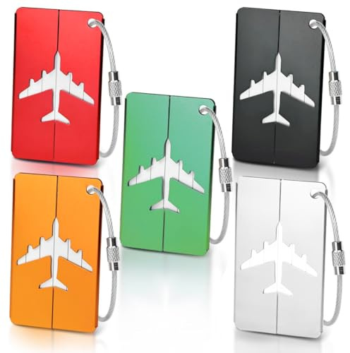 5 Pcs Etiquette Valise, Etiquette Bagage Aluminium avec Cordon Inox et Carte PVC étanche Étiquette Valise pour Sac de Voyage, Valise, Sacs à dos (7,5 x 4,5 cm, 5 Couleurs)