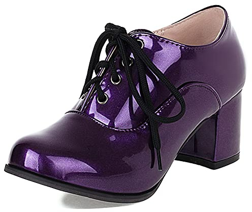 Gicoiz Cuir Verni Oxford Femmes Talons Chunkys Formal Travail Chaussures Lacets Bureau Classique Bout Rond Derby Escarpin Mode Violet Taille 38 EU-39Cn