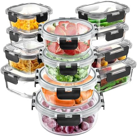 Zykphao 12pcs Glass Food Storage Containers with Lid Set, Airtight Glass Meal Prep Containers [12 Containers + 12 Lids],Lunch Bento Boxes with Leak Proof Lids for Microwave,Freezer and Dishwashe