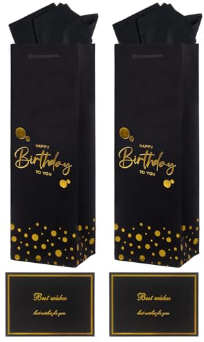2Pcs Birthday Wine Gift Bags with Tissue Paper & Gift Cards, 36× 12× 9 cm Happy Birthday Design Black Bottle Bag