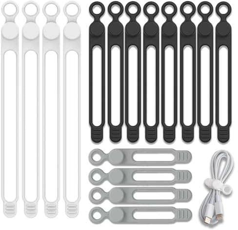 16 Pezzi Fascette per Cavi in Silicone Riutilizzabili, Organizzatore Cavi, fascette in silicone, Leggero, Ecologico, per Caricabatterie, Cuffie, Cavi Dati (4x180mm + 8x106mm + 4x75mm)