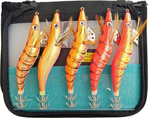 Dieter Eisele Squid-Jigs - 5 Oktopussköder inkl. Tasche, Tintenfischköder, Angelköder für Tintenfische & Octopusse, Meeresköder