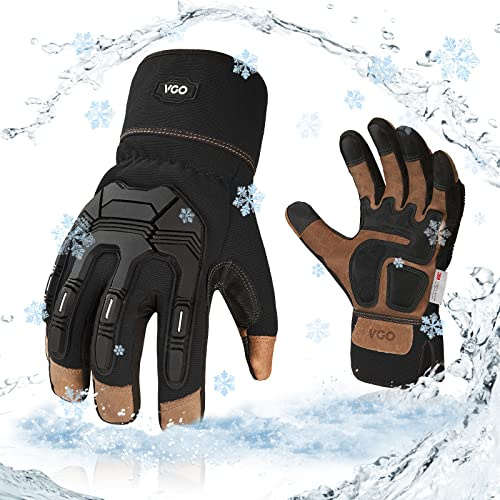 Vgo... 1-Pair 32℉ or Above Lined Winter Touchscreen TPR Anti-Vibration Premium Pigskin Leather Heavy Duty Work Gloves (Size XL, Black, PA7675FW)
