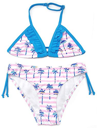 SHEKINI Filles Deux Pièces Triangle Bikini Ensemble Halterneck Volants Maillot De Bain Taille Basse Bas De Bain Maillot De Bain Dos Nu Maillot De Bain (B-Bleu Ciel, 8-10 Ans)