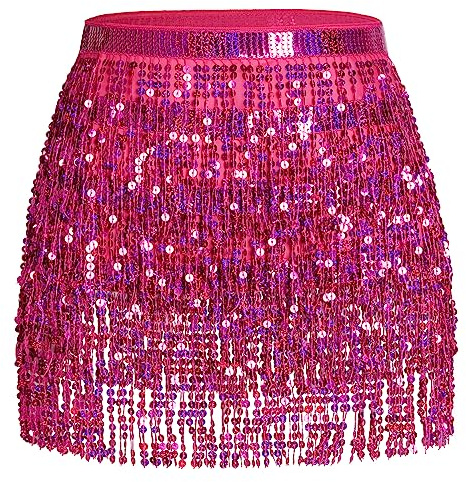 Belly Dance Hip Scarf Sequin Tassel Performance Outfits Sparkly Fringe Skirt Wrap Halloween Costume Party Rave Festival Rave Skirt for Women and Girls, Rose Red