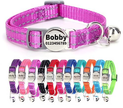 SEOUGEE Cat Collar Quick Release with Personalised Name Tag, Reflective Kitten Collars with Bells & Safety Release, 19-30 CM Adjustable, Purple