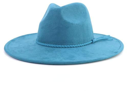 LIDHAY Big Wide Brim Fedora Hats for Women Men Western Suede Hat Large Felt Panama Hat Rancher Hat JP003 Blue