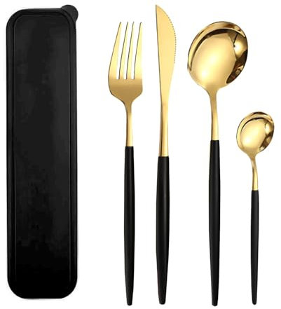 Travel Cutlery Set with Case，4pcs Reusable Cutlery Set，Stainless Steel Flatware Camping Cutlery Set for Lunch Camping School Picnic Workplace Travel ，Include Fork Knife Spoon Flatware Sets (Black)