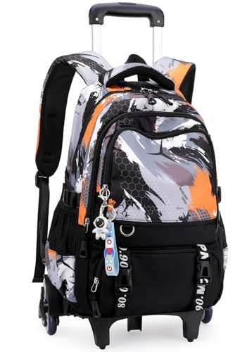 Amythe Schulrucksack Trolley für Jungen, Schulranzen mit Rollen für Kinder Teenager, Modischer Schultasche Jungen, 16 Zoll Lässiger Daypack mit 6 Rädern für Schule Freizeit Reisen, Orange