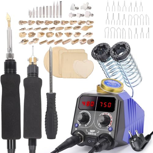 WEP 939D-VII 2-IN-1 Brandmalkolben 84-IN-1 mit 51 festen Spitzen 23 Drahtspitzen brennpeter mit 2 Schablonen, 6 Stück unbehandeltem Holz, 1 Stifthalter, brandmalerei holz (EU Stecker)