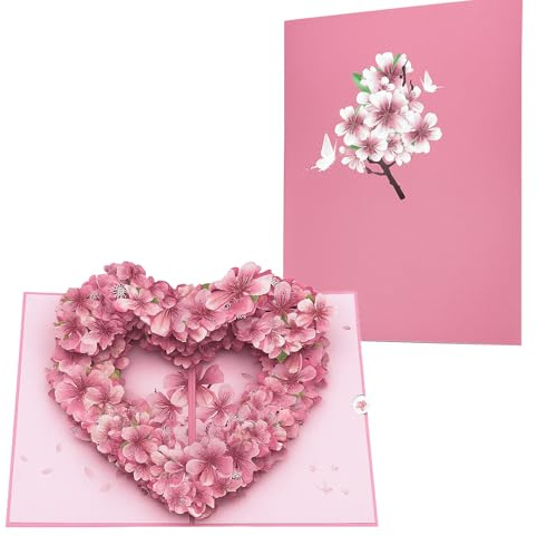 Carte en Forme de Cœur en Fleurs de Cerisier Carte Pop Up Fleurs 3D Anniversaire Pop Up de VœUx 3D en D'arbre en Forme de Cœur Adaptée Aux Anniversaires Mariages Anniversaires