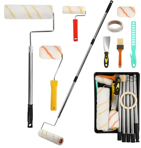 GEEKHOM Juego de 17 rodillos de pintura con barra telescópica, rodillo de pintura (grande, pequeño, mini), bandeja de pintura, pincel, espátula, crepé de pintor, juego completo para pintura de pared y