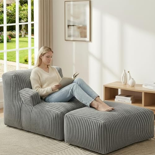 Bean Bag Chair - Large Bean Bag Loungers Chairs for Adults, Teens, and Children.Bean Bag Sofa with Memory Foam Filled and Armrests for Living Rooms, Bedroom, Dorm, or Balcony (Striped Gray)