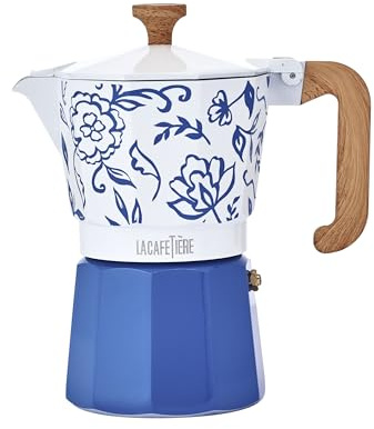 La Cafetière Venice 6 Cup Espresso Maker, 290ml Aluminium Stovetop Coffee Maker with Floral Design, Gas and Electric Hob Moka Pot with Wooden Handle, Blu Fiorato
