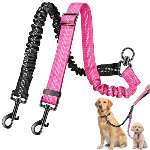 Double Dog Lead, No Tangle Dual Dog Lead for Walking 2 Dogs, Bungee Shock Absorption Design, Adjustable Length for Small Medium Large Breeds, Reflective Night Safety Feature, Black and Pink Colour
