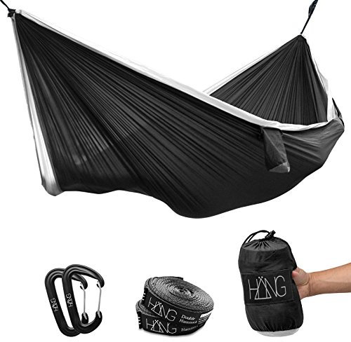 HÄNG® Camping Hängematte Outdoor Nylon Fallschirmseide für 2 Personen - 300 x 170cm Mobile Ultra-leicht Atmungsaktiv Hammock - Bis 200kg inklusive Aufhängung für Reise, Strand, Garten - Black/White