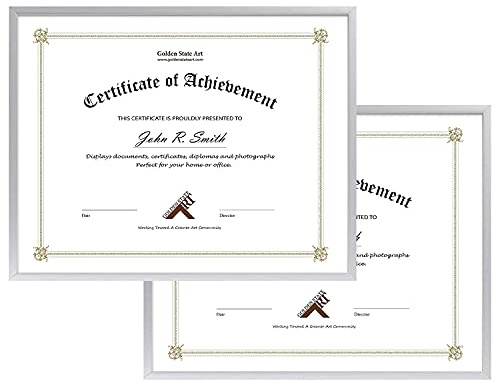 Golden State Art, 8.5x11 Aluminum Frame, Real Glass, Metal Frame for 8.5 by 11 inch Document, Certificate, Diploma. with Easel Stand (Silver, 2 Pack)