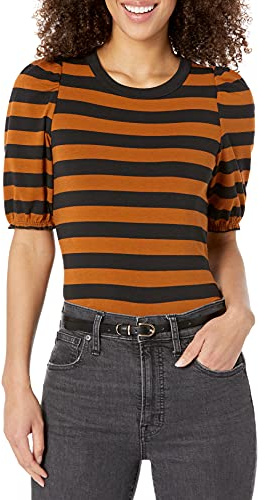 Amazon Essentials Women's Regular-Fit Puff Short-Sleeve Crewneck T-Shirt, Black Brown Placed Stripe, XL