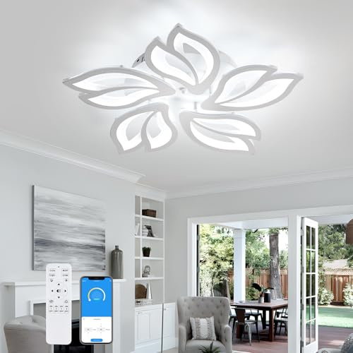 Comely LED Ceiling Light Dimmable, 45W Flower Chandeliers Ceiling Light | Colour Changing Bedroom Ceiling Lamp with Remote Control, 5 Leaves Modern Ceiling Lighting for Living Room Dining Room