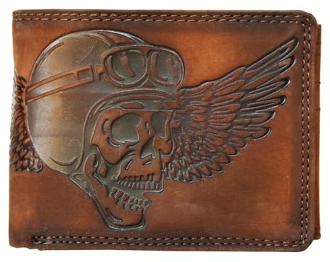 FLW Portafoglio in pelle naturale durevole Biker Tote teschio con protezione dati (RFID), marrone, taglia unica, Classico