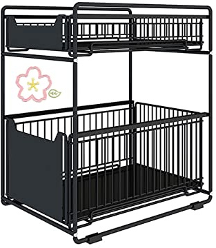 Organizador de 2 Niveles Debajo del Fregadero con Cajón Extraíble Cesta Deslizante Especiero Armario para Cocina Baño Oficina, estante de almacenamiento con cajón (37,4 * 26,5 * 44 cm-negro)