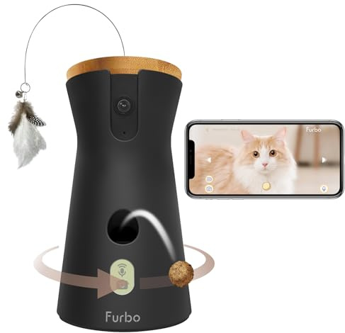 Furbo 360° Cat Camera w/App (No Subscription Required) Smart Pet Monitor & Treat Dispenser, Rotating 360° View, Auto-Tracking, 1080p HD, 2-Way Audio & Colour Night Vision, Meowing Alert, Feather Wand