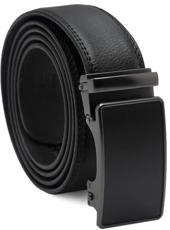 CINTURONTOP Cinturón de Cuero Con Hebilla Trinquete y Cierre Automático, Ancho 3,5 cm, Color Negro, Longitud 125 cm