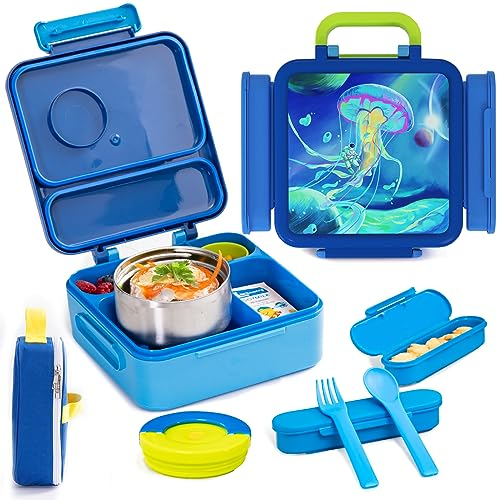 HAIXIN Bento Box for Kids - Insulated Lunch Box with Thermos for School, Leak-Proof Kids Lunch Box with Cutlery and Snack Boxes, 4 Adjustable Compartments Lunch Container for Daycare Outdoors, Blue