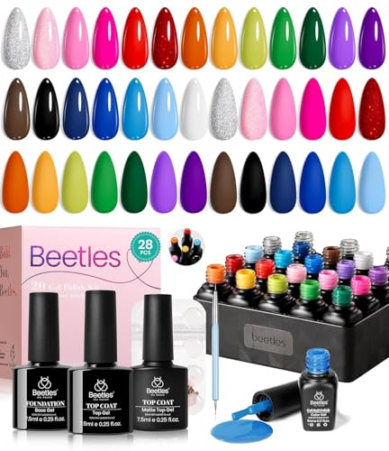 Beetles Juego de esmaltes de uñas de gel, 20 colores, esmalte de uñas de gel UV, rojo, morado, azul, purpurina, juego de laca de gel de invierno con lápiz de doble cara y base y capa superior, código