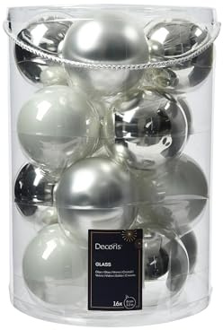Decoris Weihnachtskugeln Glas 8cm 16er Set - matt & glänzend - Große Christbaumkugeln Weihnachtsbaumkugeln für Weihnachten - Kerstbal Glas d8 cm wit/zlvr Ass 16st kerst Silber/Weiß Mix