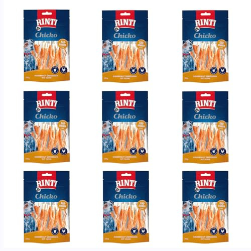 Rinti Chicko Bastoncini da masticare piccoli | Confezione da 9 | 9 x 150 g | Ricoperti di carne di pollo su pelle di manzo resistente | Particelle pulenti a base di minerali | Richiudibile