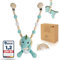 ARIASO® Kinderwagenkette aus Holz und Baumwolle gehäkelt Kinder Baby Spielzeug Holz Kette für Kinderwagen geeignet für Mädchen und Junge ab 0+ Monate inkl. Geschenkkarte (Dino Türkis)