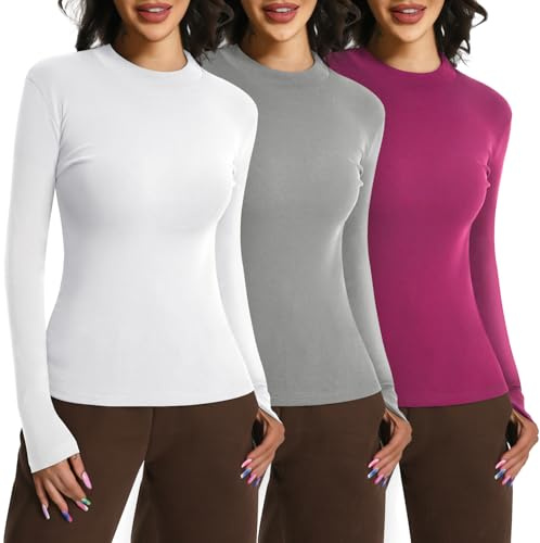 EBANKU 3 Confezioni da Donna Top a Maniche Lunghe Collo Finto Strati Base Attillati Slim Fit Tinta Unita Elasticizzati Top t-Shirt