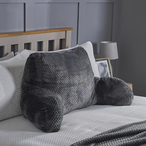OHS Reading Pillow with Arms, Waffle Fleece Cuddle Cushion for Adults Soft Cosy Supportive Pillow with Arms Snuggle Hug Pillows Relaxing at Home - Charcoal Grey