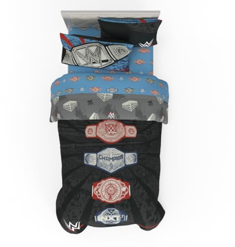 WWE Wrestling Twin Bedding Set – 4 Piece Super Soft Microfiber Reversible Comforter & Sheet Set Featuring Championship Belts (Officially Licensed Product) by Franco