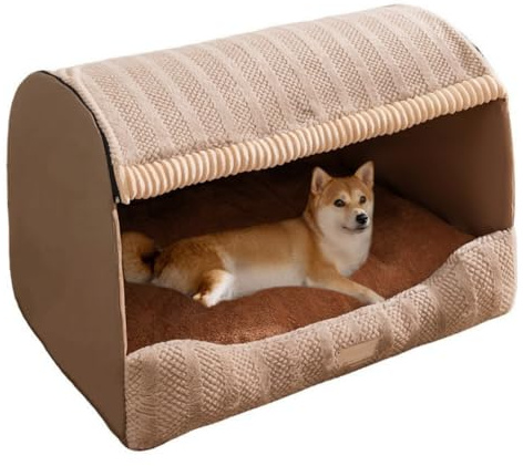 Large Dog House Indoor, Foldable Pet House Bed with Removable Plush Cushion, Warm Covered Dog Cave Nest Bed for Small Medium Extra Large Dogs (Brown, X-Large)